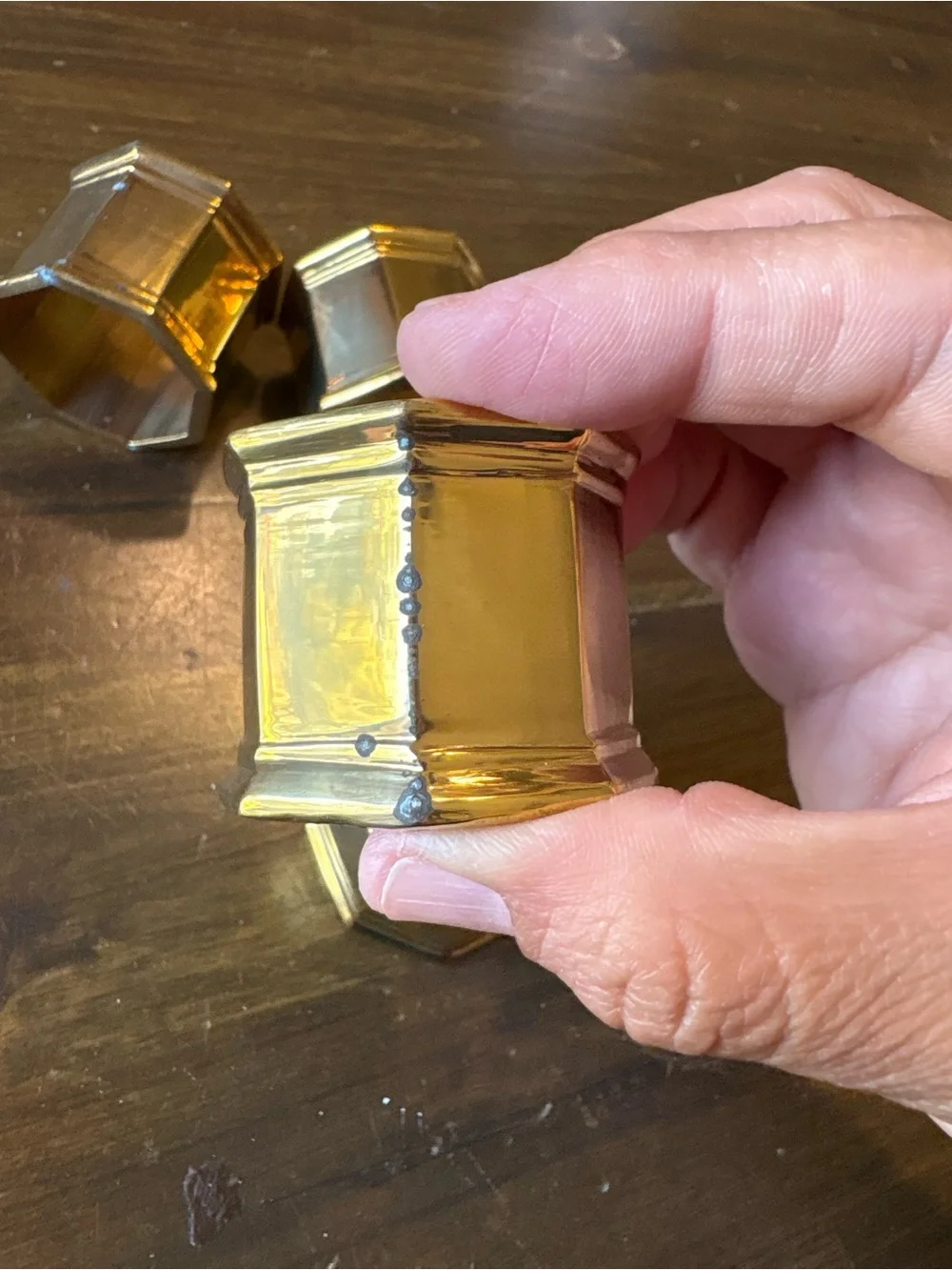 Vintage Brass Hexagon Napkin Rings Set 4 Made In India MCM Hollywood Regency